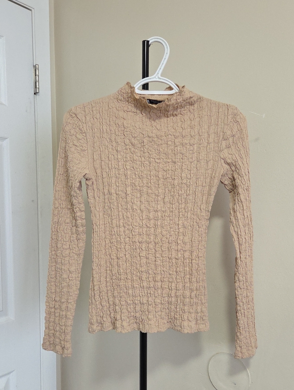Zara Beige Crinkle Mock-Neck Long Sleeve Top
